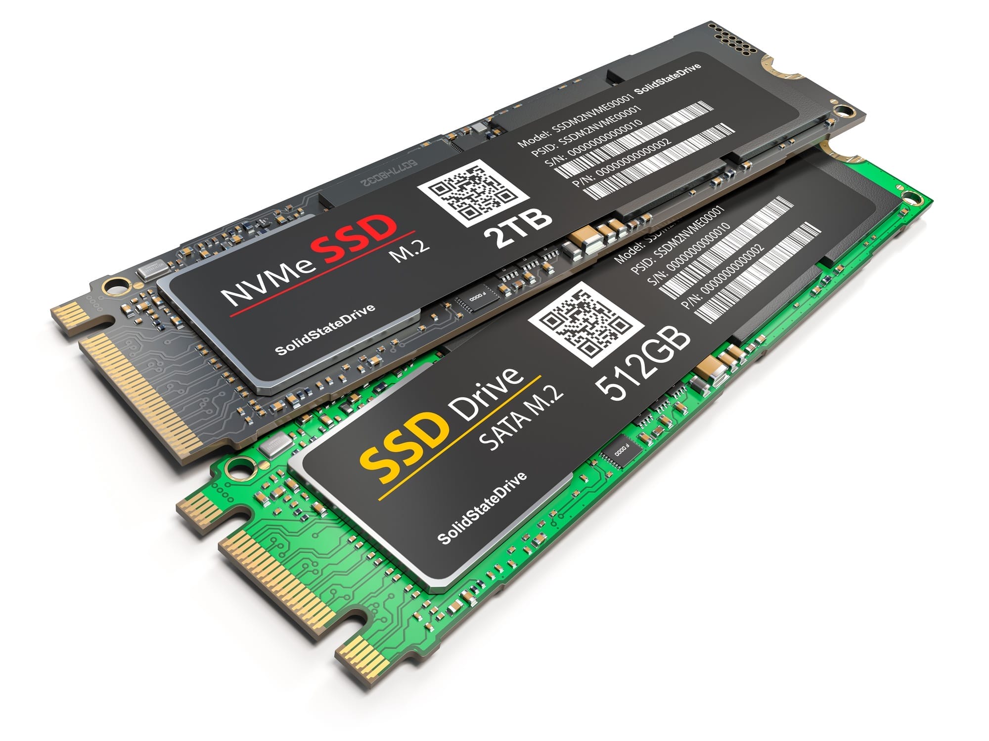 Different SSD M2 disk drive isolated on white background.